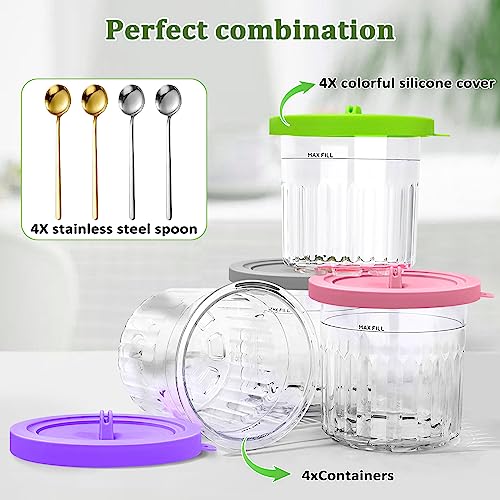 OPMGUWZY Pint Containers for Ninja Creami with Silicone Lids and Stainless Steel Spoon 4 Pack Compatible with NC299AMZ NC300s NC301 and CN301CO Series Ice Cream Maker, Airtight and Dishwasher Safe