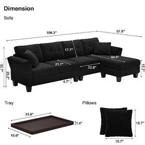 Belffin Black Velvet Sectional Couch L Shaped Sofa 4 Seat Sofa with Chaise Convertible L-Shaped Couches Reversible Sectional Sofa Black