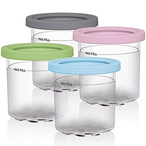 Containers Replacement for Ninja Creami Pints and Lids - 4 Pack, 16oz Cups Compatible with NC301 NC300 NC299AMZ Series Ice Cream Maker - Dishwasher Safe, Leak Proof Lids Pink/Yelloe/Grey/Blue