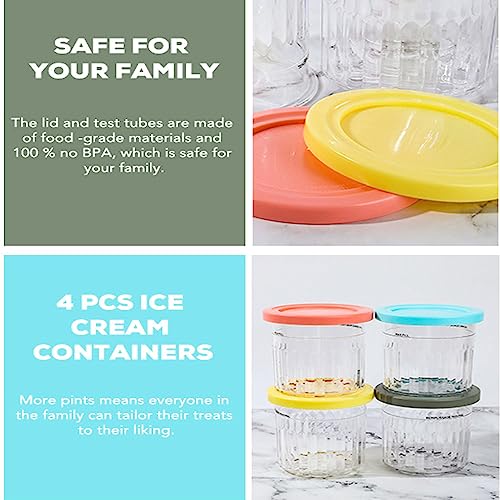 Containers Replacement for Ninja Creami Pints and Lids - 4 Pack, 16oz Cups Compatible with NC301 NC300 NC299AMZ Series Ice Cream Maker - Dishwasher Safe, Leak Proof Lids Pink/Yelloe/Grey/Blue