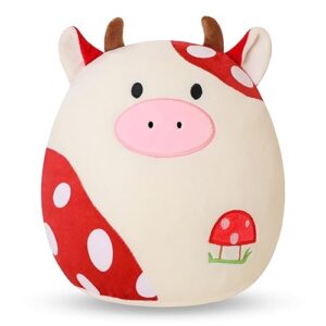 sqeqe cow plush toy cute cow stuffed animals soft pillow plushies kawaii cow plushie mushroom plush gift for girls kids decor(red 10 inch)