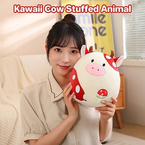 SQEQE Cow Plush Toy Cute Cow Stuffed Animals Soft Pillow Plushies Kawaii Cow Plushie Mushroom Plush Gift for Girls Kids Decor(Red 10 inch)