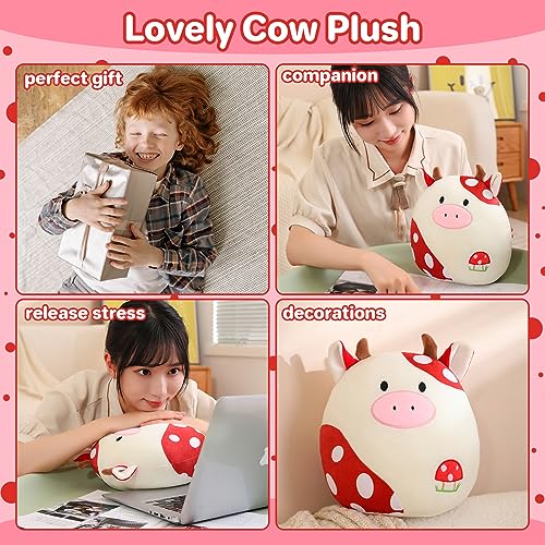 SQEQE Cow Plush Toy Cute Cow Stuffed Animals Soft Pillow Plushies Kawaii Cow Plushie Mushroom Plush Gift for Girls Kids Decor(Red 10 inch)