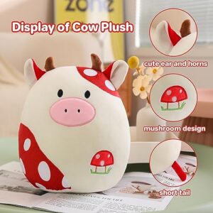 SQEQE Cow Plush Toy Cute Cow Stuffed Animals Soft Pillow Plushies Kawaii Cow Plushie Mushroom Plush Gift for Girls Kids Decor(Red 10 inch)