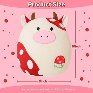 SQEQE Cow Plush Toy Cute Cow Stuffed Animals Soft Pillow Plushies Kawaii Cow Plushie Mushroom Plush Gift for Girls Kids Decor(Red 10 inch)