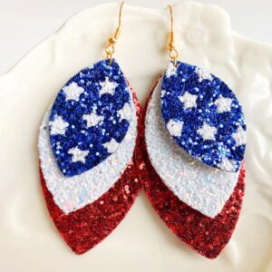 4th of July American Flag Earrings Blue White Red Leather Earrings Independence Day Holiday Jewerly Multiple Layer Shiny Dangle Earrings Gift for Women Girls -Color B