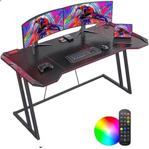 cubicubi gaming desk with led, 55 inch gamer workstation, home computer with carbon fiber surface, black