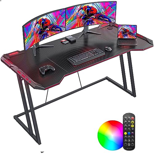 CubiCubi Gaming Desk with LED, 55 Inch Gamer Workstation, Home Computer with Carbon Fiber Surface, Black