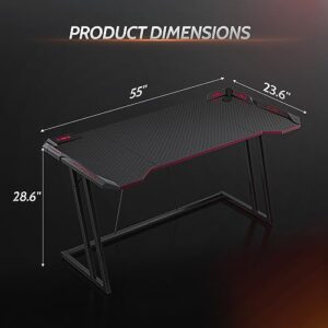 CubiCubi Gaming Desk with LED, 55 Inch Gamer Workstation, Home Computer with Carbon Fiber Surface, Black