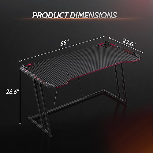 CubiCubi Gaming Desk with LED, 55 Inch Gamer Workstation, Home Computer with Carbon Fiber Surface, Black