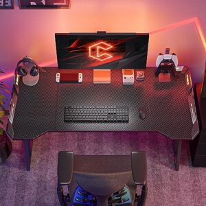 CubiCubi Gaming Desk with LED, 55 Inch Gamer Workstation, Home Computer with Carbon Fiber Surface, Black