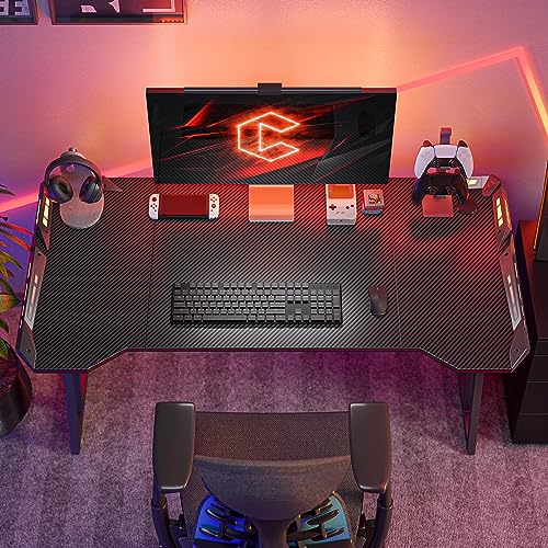 CubiCubi Gaming Desk with LED, 55 Inch Gamer Workstation, Home Computer with Carbon Fiber Surface, Black