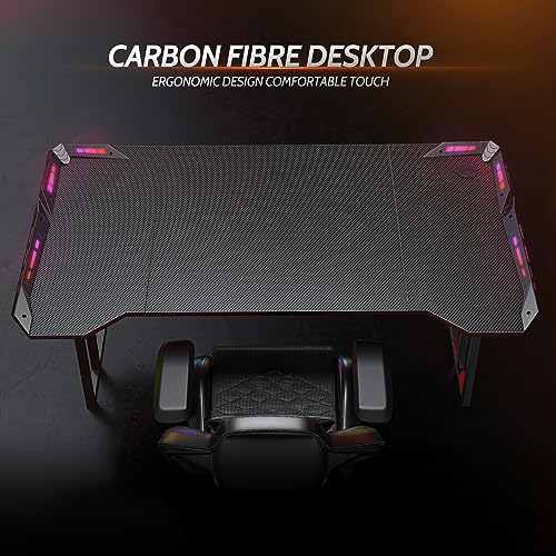 CubiCubi Gaming Desk with LED, 55 Inch Gamer Workstation, Home Computer with Carbon Fiber Surface, Black