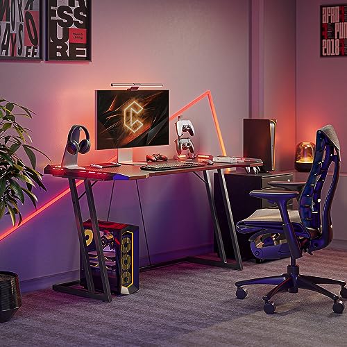 CubiCubi Gaming Desk with LED, 55 Inch Gamer Workstation, Home Computer with Carbon Fiber Surface, Black