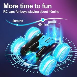 TRIPLEFINE Remote Control Car for Boy 8-12, 2.4GHz LED Fast RC Stunt Car, 4WD Double Side 360° Rotating RC Truck with Rechargeable Battery(Bule)