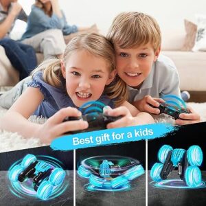 TRIPLEFINE Remote Control Car for Boy 8-12, 2.4GHz LED Fast RC Stunt Car, 4WD Double Side 360° Rotating RC Truck with Rechargeable Battery(Bule)