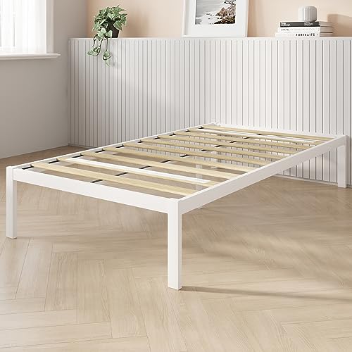 Novilla Metal Platform Bed Frame, Wood Slat Support, No Box Spring Needed, Easy Assembly, White, Twin