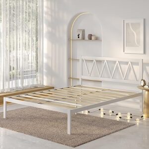 Novilla Metal Platform Bed Frame with Headboard, Wood Slat Support, No Box Spring Needed, Easy Assembly, White, King