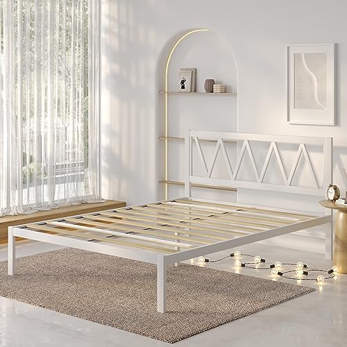 Novilla Metal Platform Bed Frame with Headboard, Wood Slat Support, No Box Spring Needed, Easy Assembly, White, King