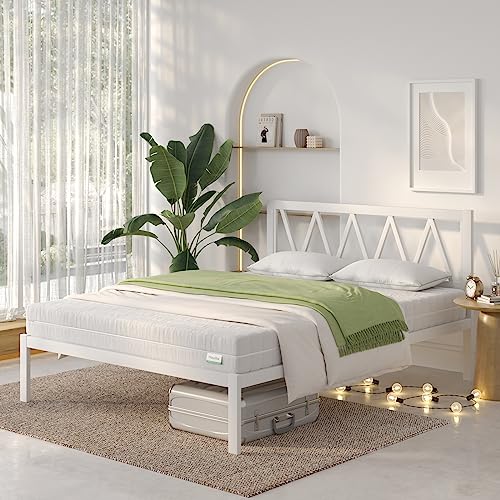 Novilla Metal Platform Bed Frame with Headboard, Wood Slat Support, No Box Spring Needed, Easy Assembly, White, King