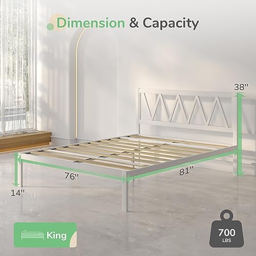Novilla Metal Platform Bed Frame with Headboard, Wood Slat Support, No Box Spring Needed, Easy Assembly, White, King