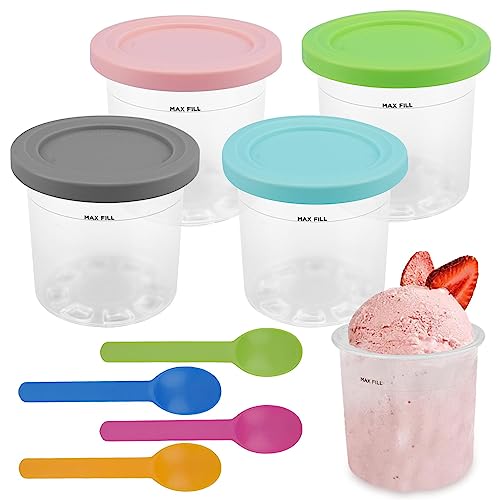 4pcs Ice Cream Containers,Freezer Storage Ice Cream Pint Containers with Silicone Lids and Spoon,Compatible with Nin-ja Nc299amz Nc300s Nc301 Series,for Homemade IceCream(yellow, green, pink, blue)