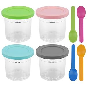 4pcs Ice Cream Containers,Freezer Storage Ice Cream Pint Containers with Silicone Lids and Spoon,Compatible with Nin-ja Nc299amz Nc300s Nc301 Series,for Homemade IceCream(yellow, green, pink, blue)