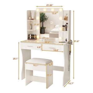 Vanity Desk with Lights,Makeup Vanity with Power Strip,Dressing Table Set with 2 Large Drawers,Vanity Mirror 3 Lighting Color Adjustable,White