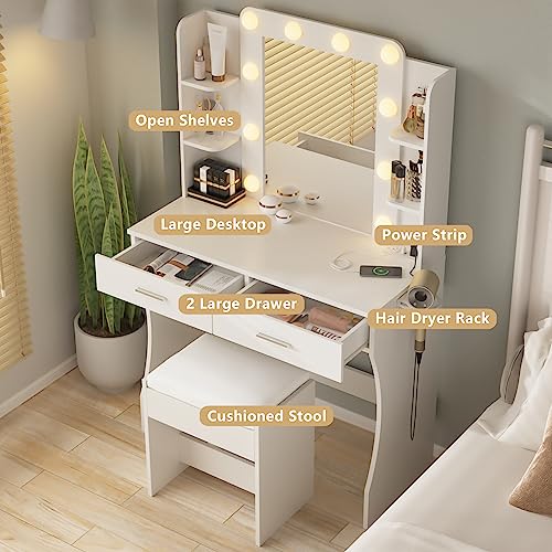 Vanity Desk with Lights,Makeup Vanity with Power Strip,Dressing Table Set with 2 Large Drawers,Vanity Mirror 3 Lighting Color Adjustable,White