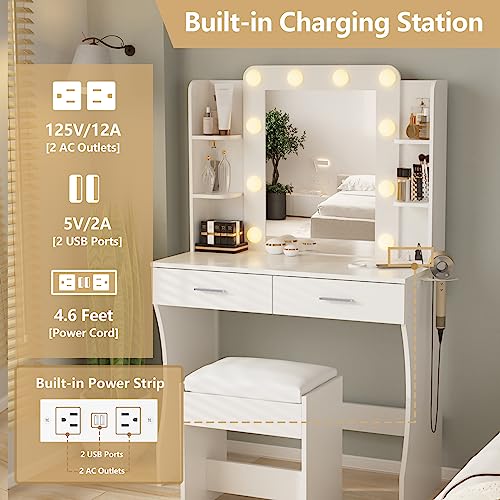 Vanity Desk with Lights,Makeup Vanity with Power Strip,Dressing Table Set with 2 Large Drawers,Vanity Mirror 3 Lighting Color Adjustable,White