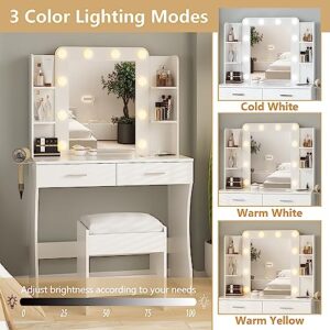 Vanity Desk with Lights,Makeup Vanity with Power Strip,Dressing Table Set with 2 Large Drawers,Vanity Mirror 3 Lighting Color Adjustable,White