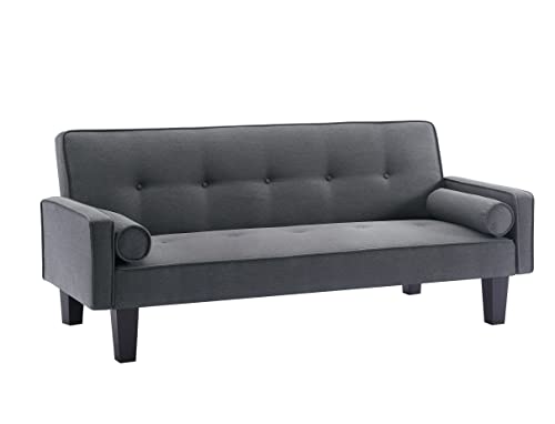 YUNLife 71.65" Mid-Century Modern Fabric Sofa Couch, Button Tufted Accent Recliner, Loveseat Convertible Bed Sleeper for Living Room Apartment Office, Dark Grey