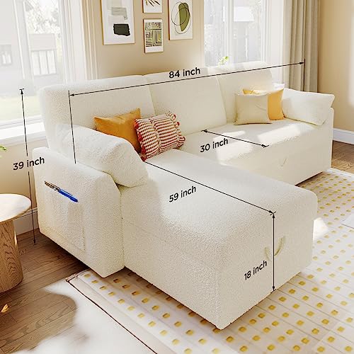 VanAcc Sleeper Sofa, Sofa Bed- 2 in 1 Pull Out Couch Bed with Storage Chaise for Living Room, Sofa Sleeper with Pull Out Bed, White Sherpa Couch