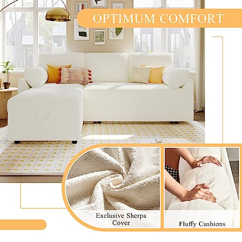 VanAcc Sleeper Sofa, Sofa Bed- 2 in 1 Pull Out Couch Bed with Storage Chaise for Living Room, Sofa Sleeper with Pull Out Bed, White Sherpa Couch