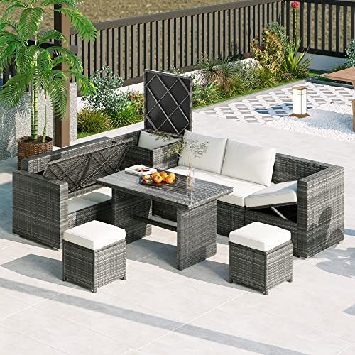 BIADNBZ 6-Piece Outdoor Furniture Set with Dining Table, Adjustable Seat and Storage Box, All Weather PE Rattan Patio Conversation Sofa L-Shaped Couch for Garden Lawn, Grey Wicker+Beige Cushion