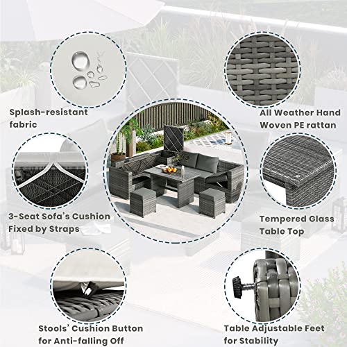 BIADNBZ 6-Piece Outdoor Furniture Set with Dining Table, Adjustable Seat and Storage Box, All Weather PE Rattan Patio Conversation Sofa L-Shaped Couch for Garden Lawn, Grey Wicker+Beige Cushion