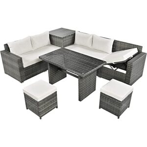 BIADNBZ 6-Piece Outdoor Furniture Set with Dining Table, Adjustable Seat and Storage Box, All Weather PE Rattan Patio Conversation Sofa L-Shaped Couch for Garden Lawn, Grey Wicker+Beige Cushion