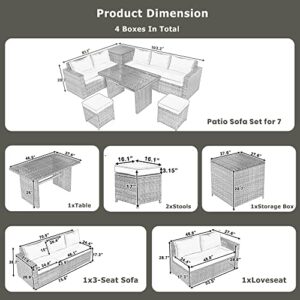 BIADNBZ 6-Piece Outdoor Furniture Set with Dining Table, Adjustable Seat and Storage Box, All Weather PE Rattan Patio Conversation Sofa L-Shaped Couch for Garden Lawn, Grey Wicker+Beige Cushion