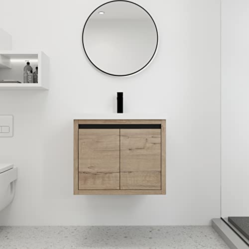 Voohek Bathroom Vanity with Basin Sink and Storage, Wall Mounted Floating Cabinet, for Small, Space Saving, 24 Inch, Imitative Oak #B