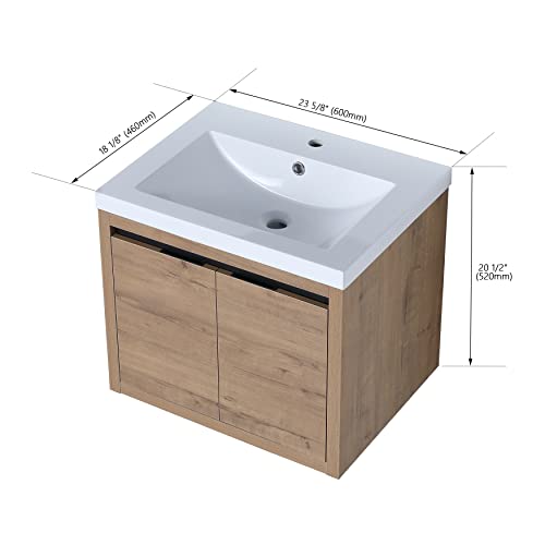 Voohek Bathroom Vanity with Basin Sink and Storage, Wall Mounted Floating Cabinet, for Small, Space Saving, 24 Inch, Imitative Oak #B