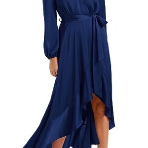 PRETTYGARDEN Women's 2023 Fall Dresses Casual Long Sleeve Wrap V Neck Maxi Dress High Low Wedding Guest Dress Ruffle Hem (Navy,Large)