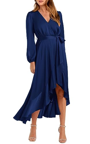 PRETTYGARDEN Women's 2023 Fall Dresses Casual Long Sleeve Wrap V Neck Maxi Dress High Low Wedding Guest Dress Ruffle Hem (Navy,Large)