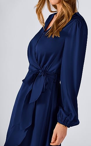 PRETTYGARDEN Women's 2023 Fall Dresses Casual Long Sleeve Wrap V Neck Maxi Dress High Low Wedding Guest Dress Ruffle Hem (Navy,Large)