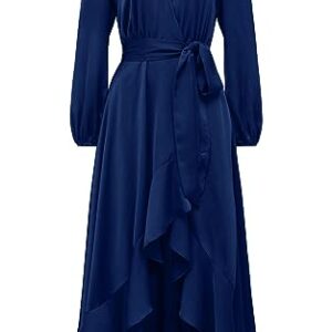 PRETTYGARDEN Women's 2023 Fall Dresses Casual Long Sleeve Wrap V Neck Maxi Dress High Low Wedding Guest Dress Ruffle Hem (Navy,Large)