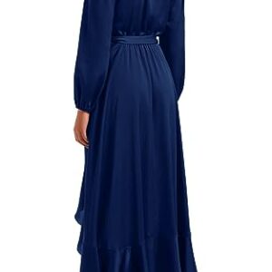 PRETTYGARDEN Women's 2023 Fall Dresses Casual Long Sleeve Wrap V Neck Maxi Dress High Low Wedding Guest Dress Ruffle Hem (Navy,Large)