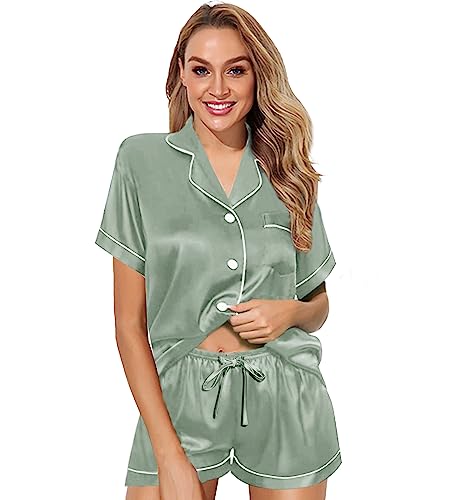 WJing Yi Jia Womens Pajama Sets Silk Satin Pajamas Set Short 2Pcs Pj Sets Button Down Pjs Set Sleepwear Loungewear