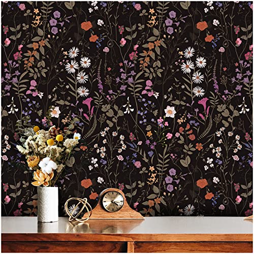 Floral Peel and Stick Wallpaper Boho: 118" X 17.7" Removable Wallpaper Easy Peel Off wallpaper for Bedroom Black Wallpaper Dark Wild Flowers Self Adhesive Contact Paper Renter Friendly Wall Paper