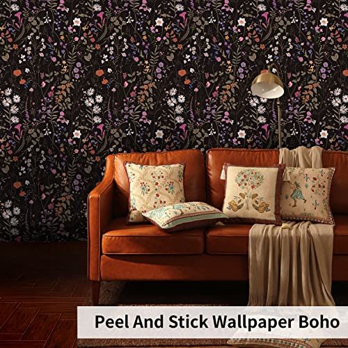 Floral Peel and Stick Wallpaper Boho: 118" X 17.7" Removable Wallpaper Easy Peel Off wallpaper for Bedroom Black Wallpaper Dark Wild Flowers Self Adhesive Contact Paper Renter Friendly Wall Paper