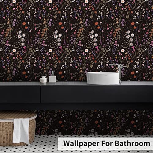 Floral Peel and Stick Wallpaper Boho: 118" X 17.7" Removable Wallpaper Easy Peel Off wallpaper for Bedroom Black Wallpaper Dark Wild Flowers Self Adhesive Contact Paper Renter Friendly Wall Paper