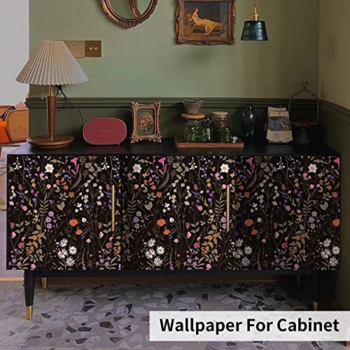 Floral Peel and Stick Wallpaper Boho: 118" X 17.7" Removable Wallpaper Easy Peel Off wallpaper for Bedroom Black Wallpaper Dark Wild Flowers Self Adhesive Contact Paper Renter Friendly Wall Paper